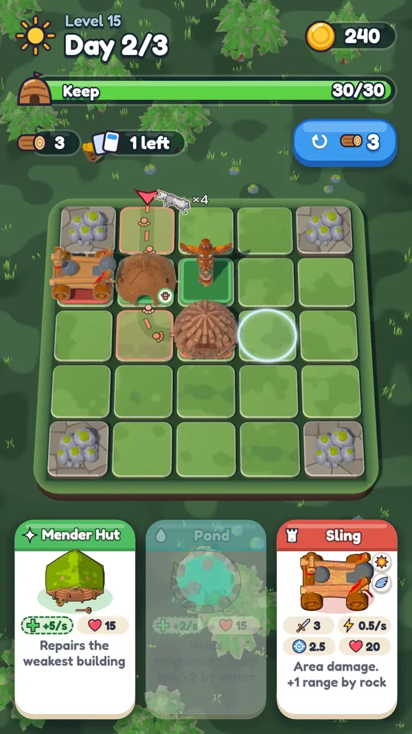 Beaver Keep by day: the island grid with a lodge, towers and three building cards to pick from