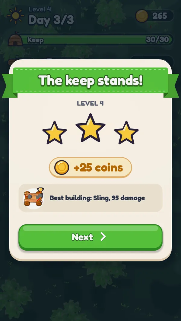 The keep stands: three stars and coins after a won level