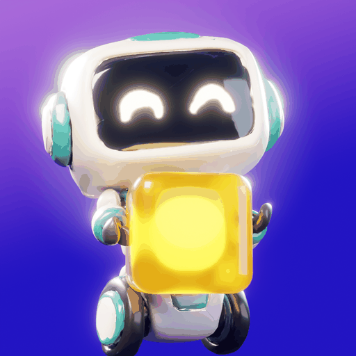 App icon: a white robot with glowing eyes hugs a golden gummy cube on a violet gradient