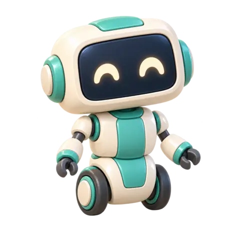 The robot character: ivory and mint, with a dark visor and smiling eyes