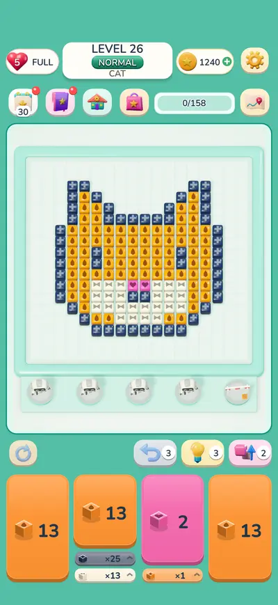 A cat mosaic of candy cubes with four order cards below