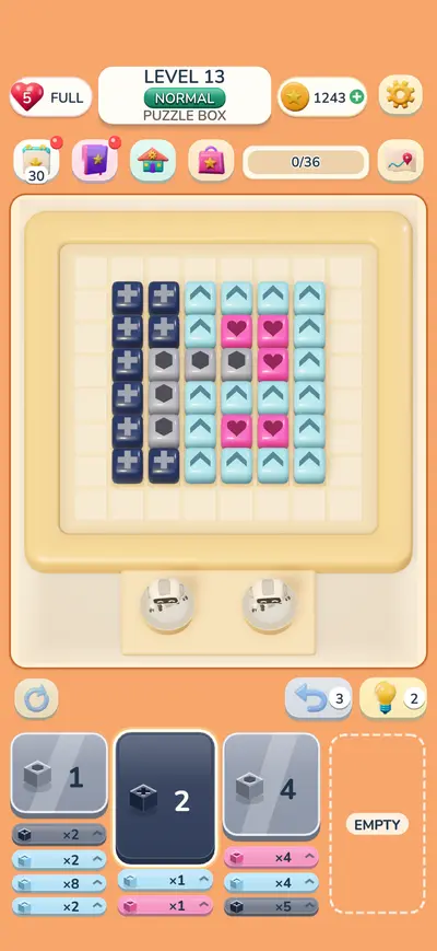 A small puzzle box with stacked cubes and two docks