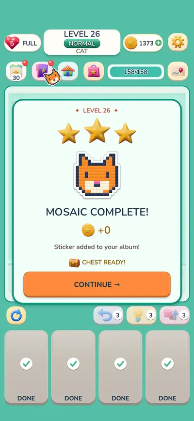 The win panel with three stars and the finished cat motif