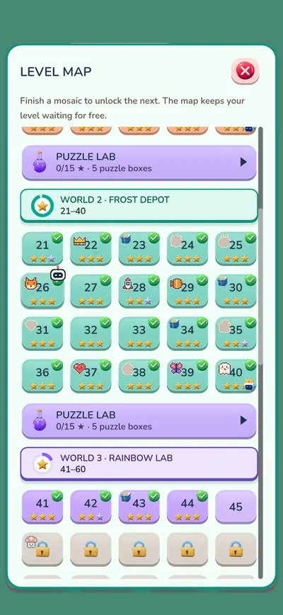 The level map with worlds, stars and the Puzzle Lab