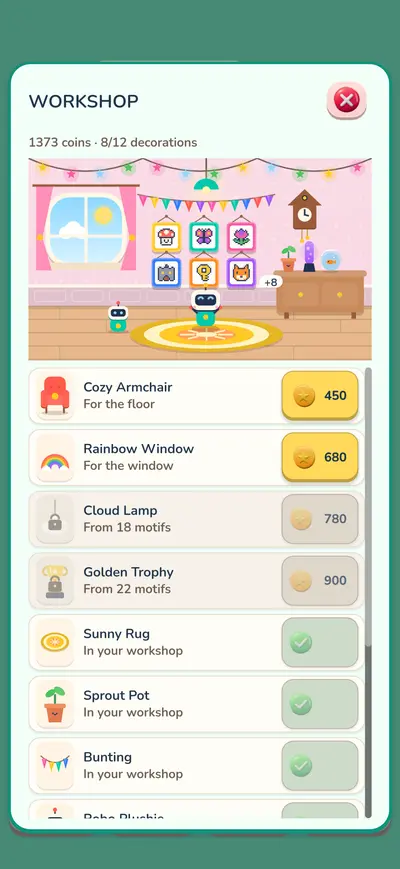 The workshop room with decorations to buy with coins